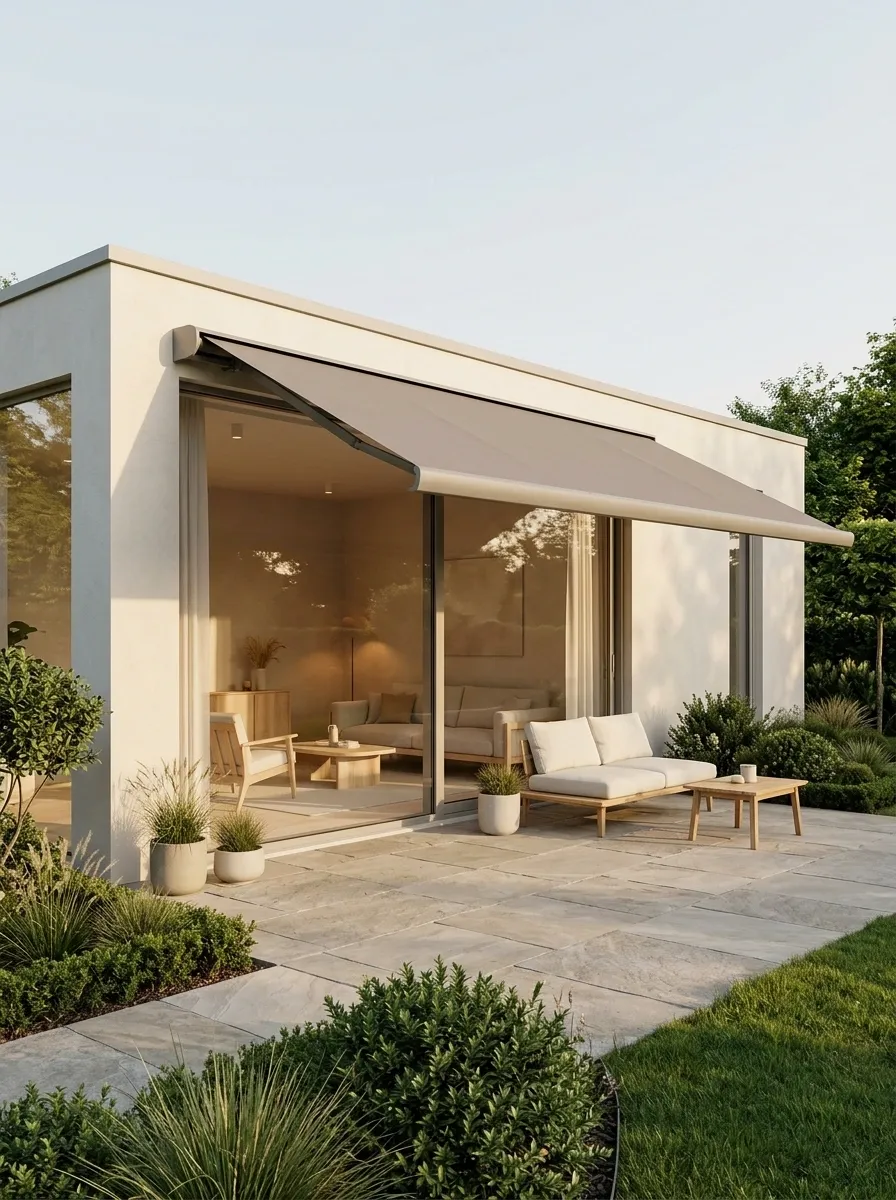 Modern Garden Room With a Retractable Window Awning