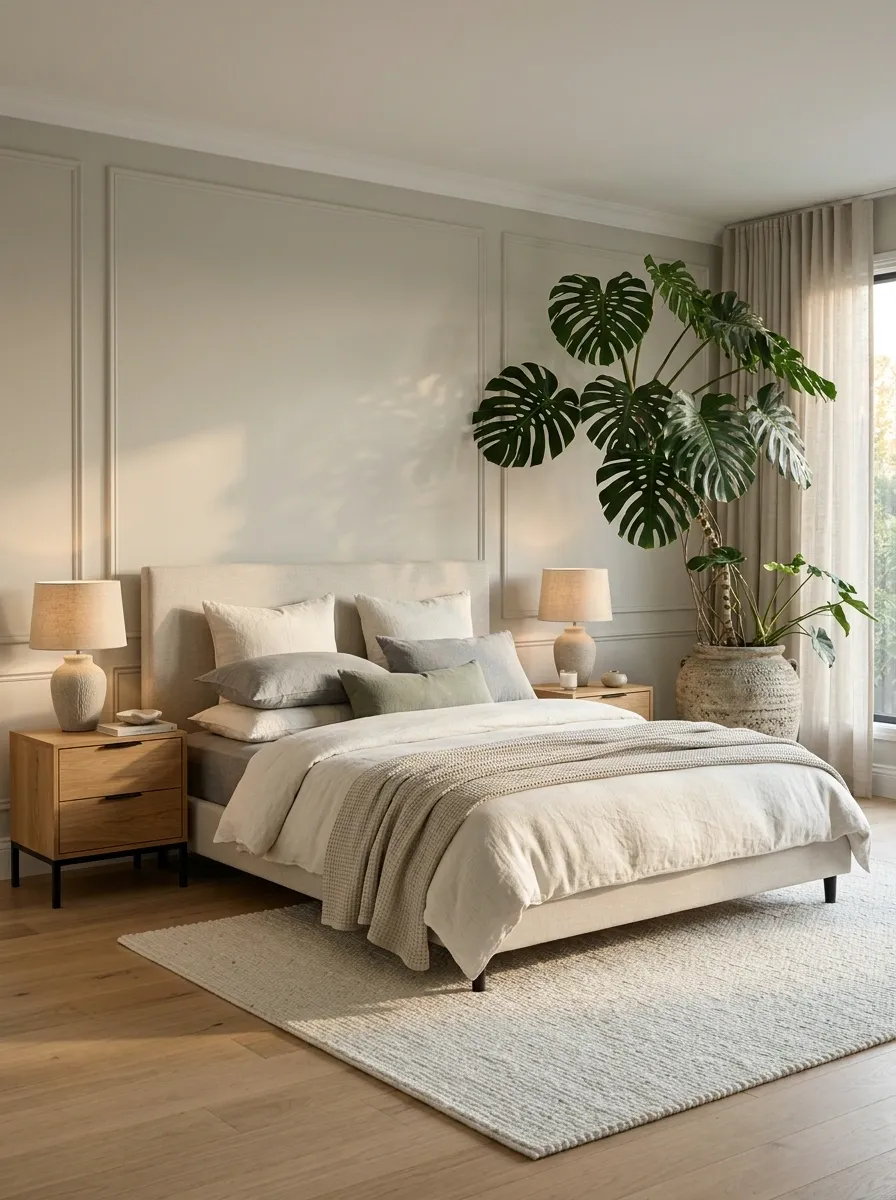 Modern Green Bedroom With an Upholstered Bed and Statement Foliage