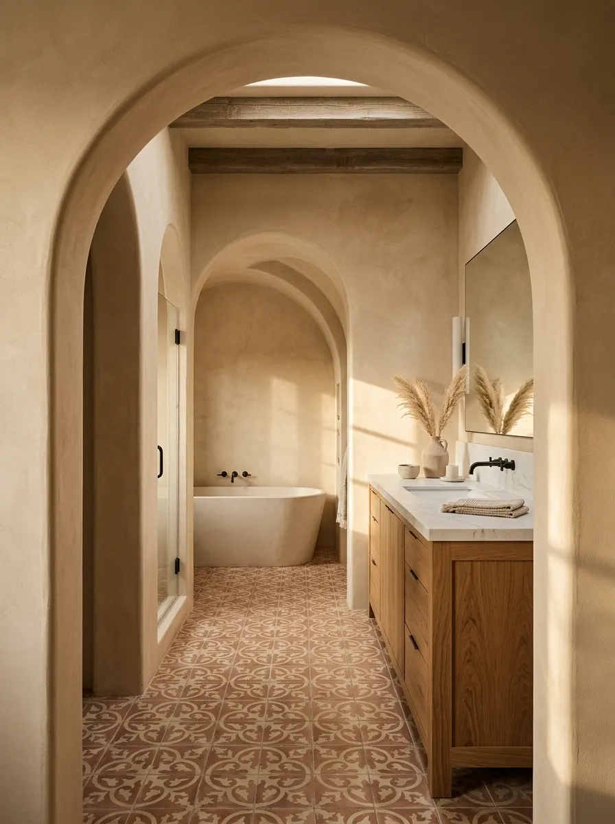 Modern Hacienda Bathroom With a Rounded Doorway