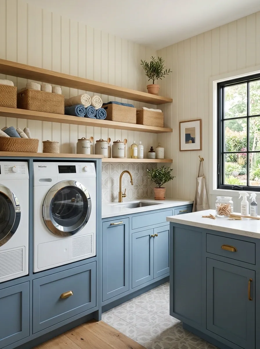 Modern Laundry Room With Pale Beadboard and Dusty Blue Cabinetry