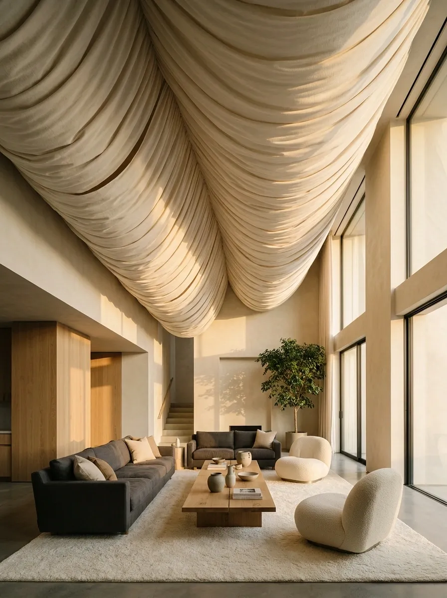 Modern Living Room With Sculptural Ivory Ceiling Drapes