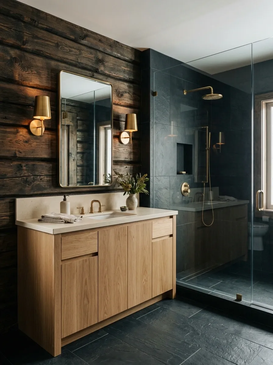 Modern Log Cabin Bathroom With Slate and Dark Timber
