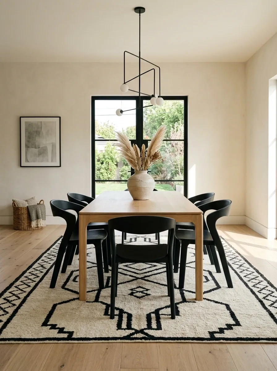 Modern Moroccan Dining Room With a Soft Black-and-Cream Rug