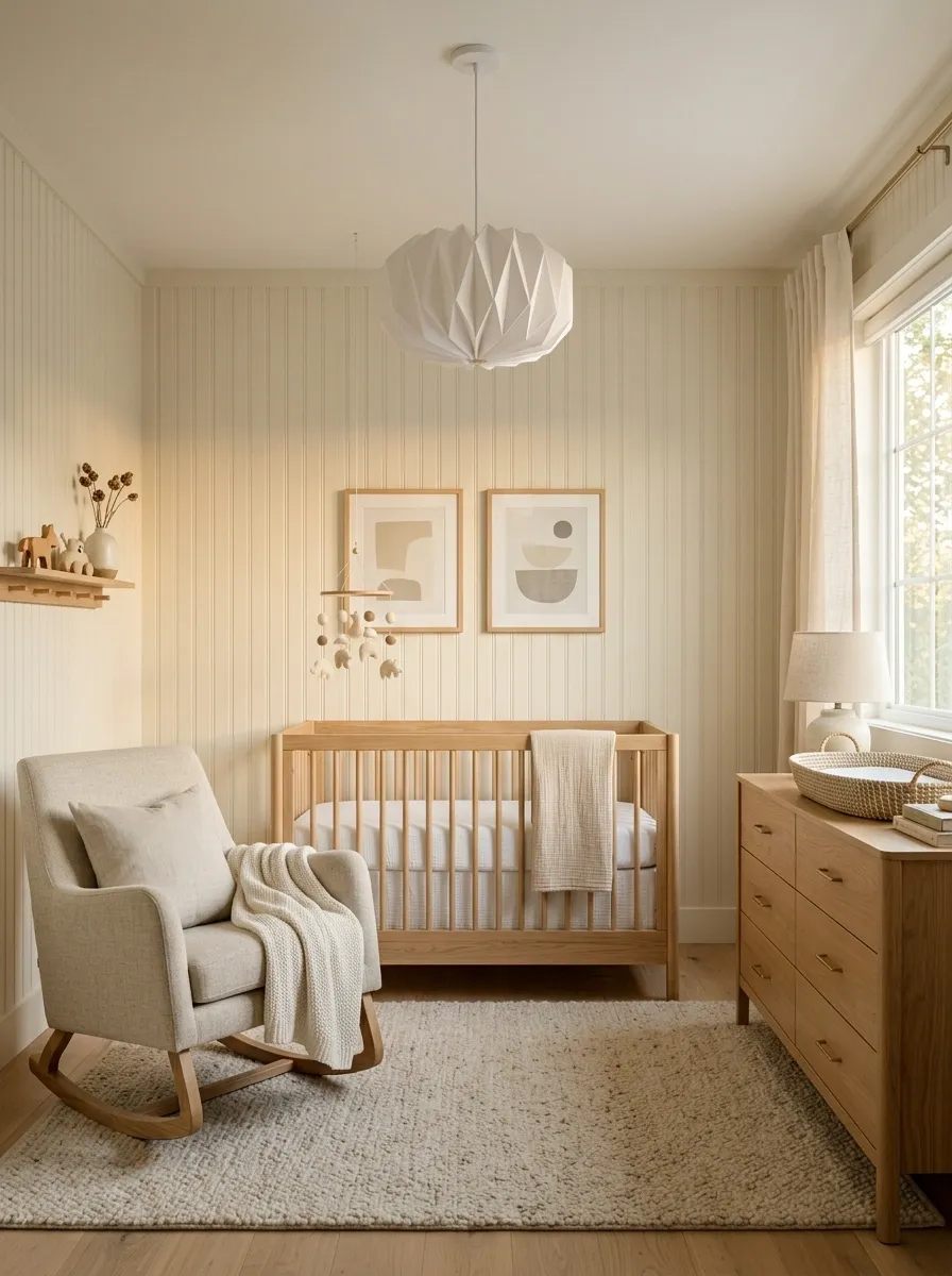 Modern Nursery With Cream Beadboard and Natural Wood