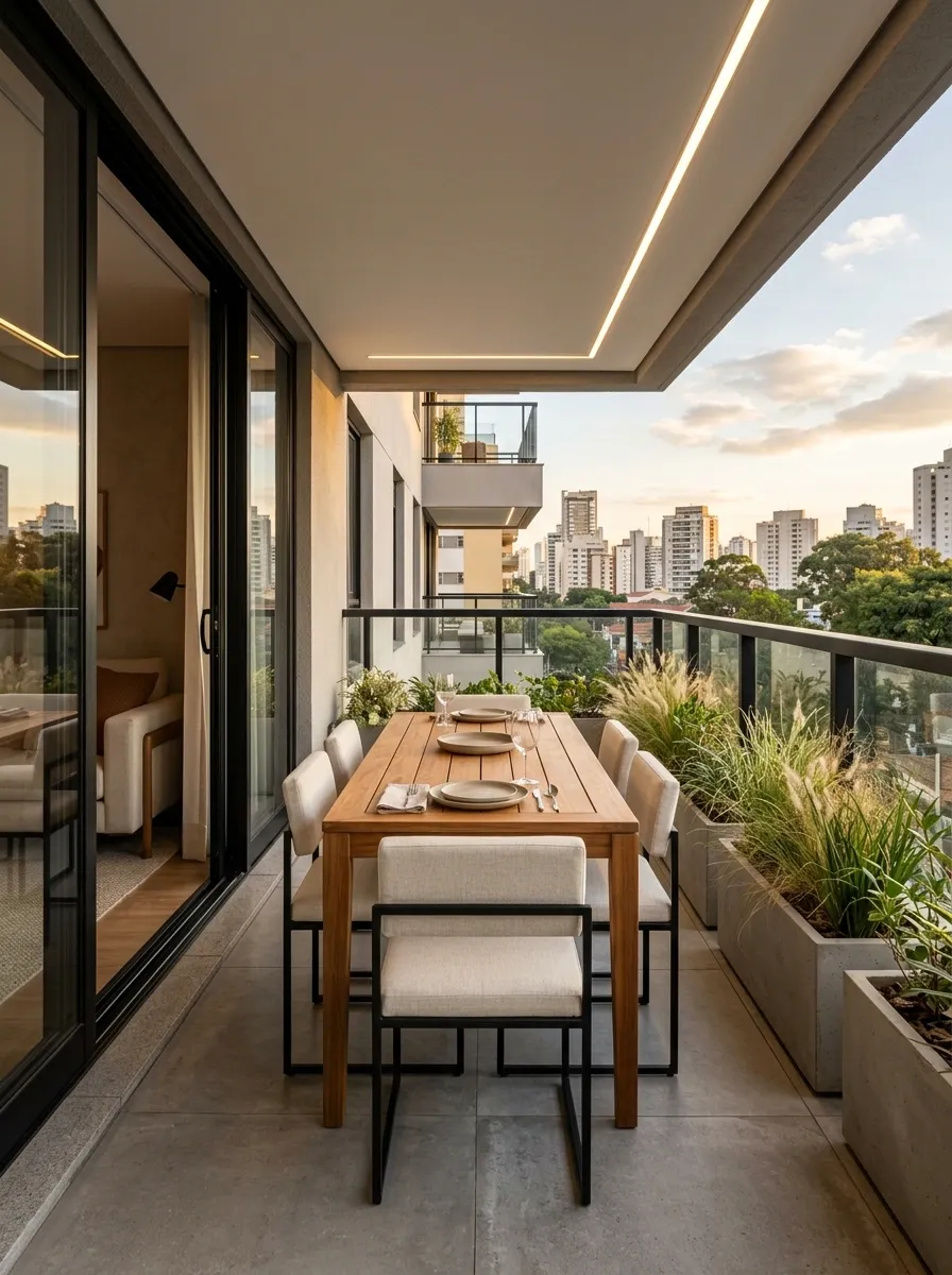 Modern Patio Dining Room With a Compact Six-Person Arrangement