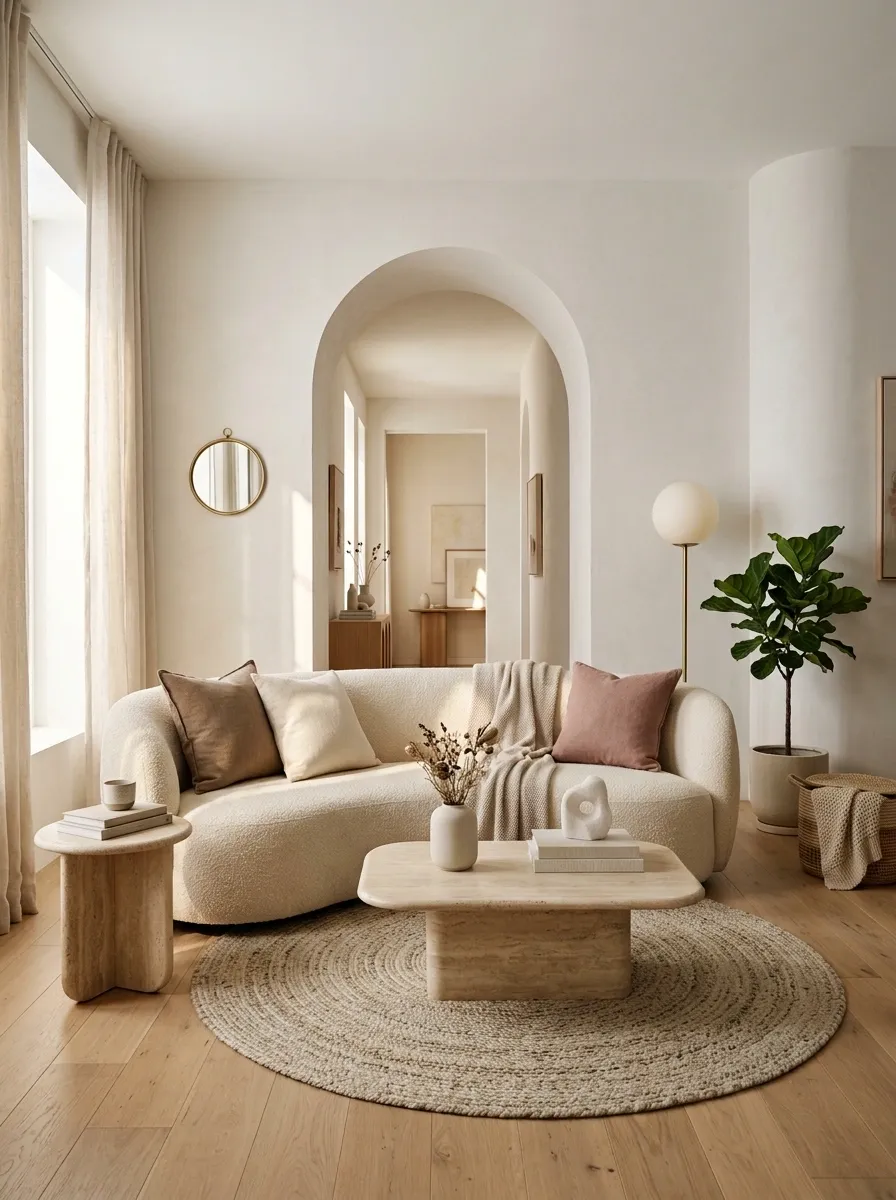 Modern Romantic Apartment With Arched Furniture and Soft Stone Finishes