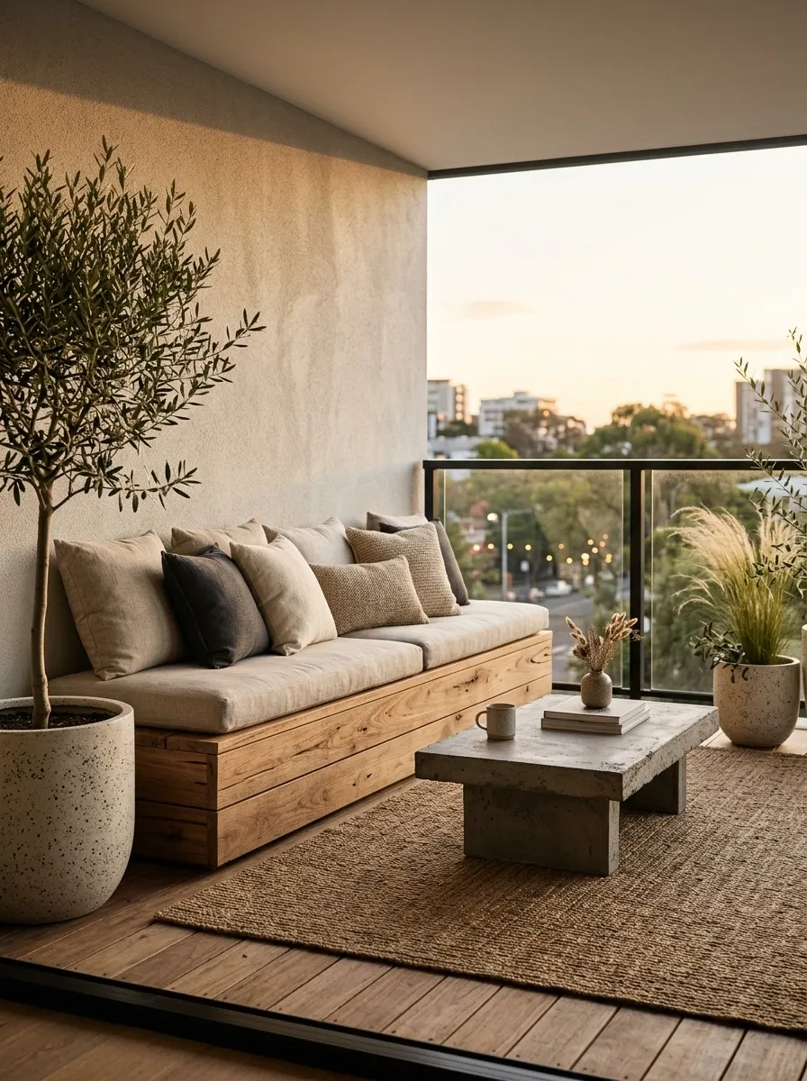Modern Rustic Balcony With Wood, Linen, and Stone Tones