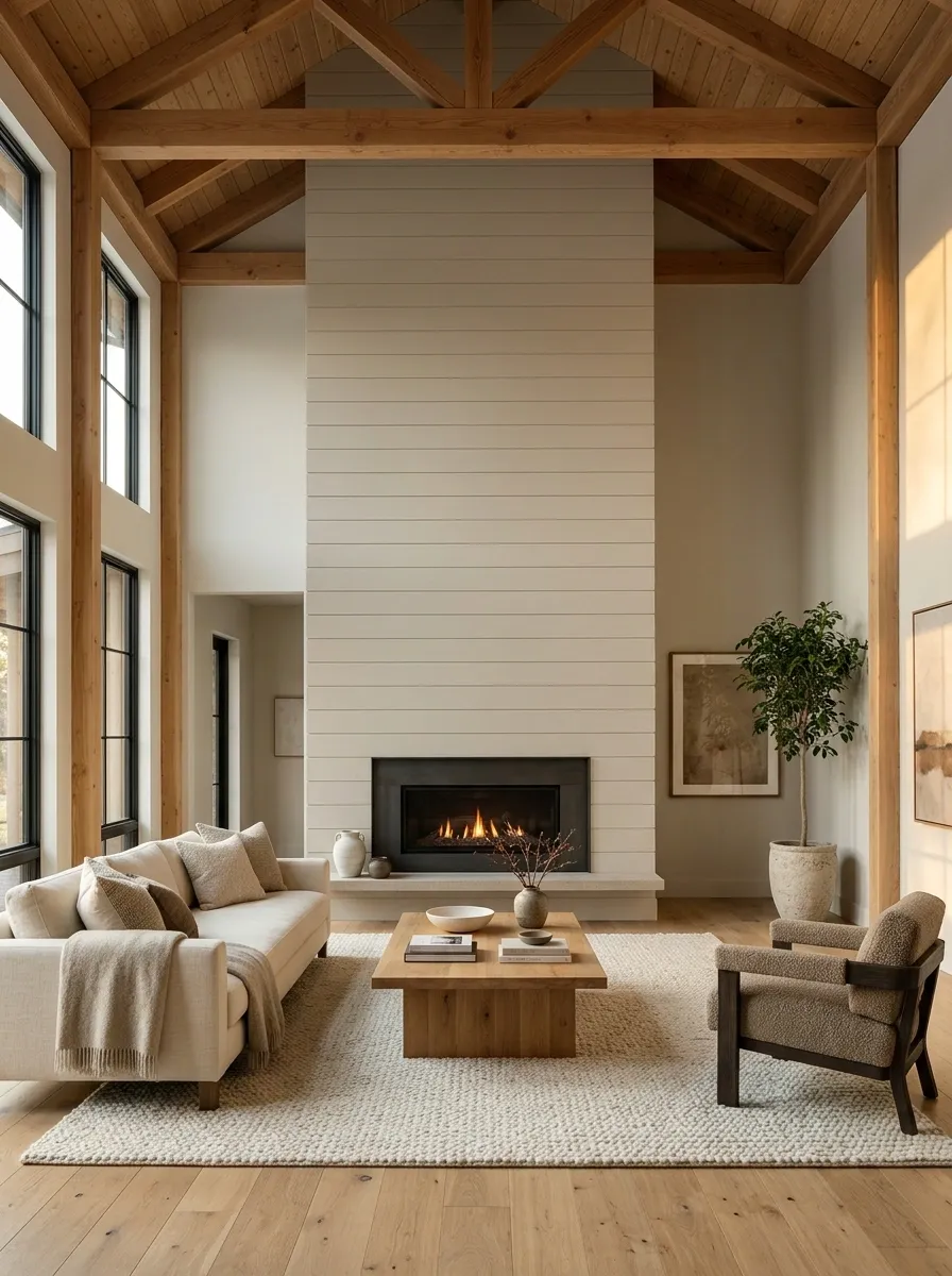 Modern Rustic Fireplace Wall Beneath a High Ceiling