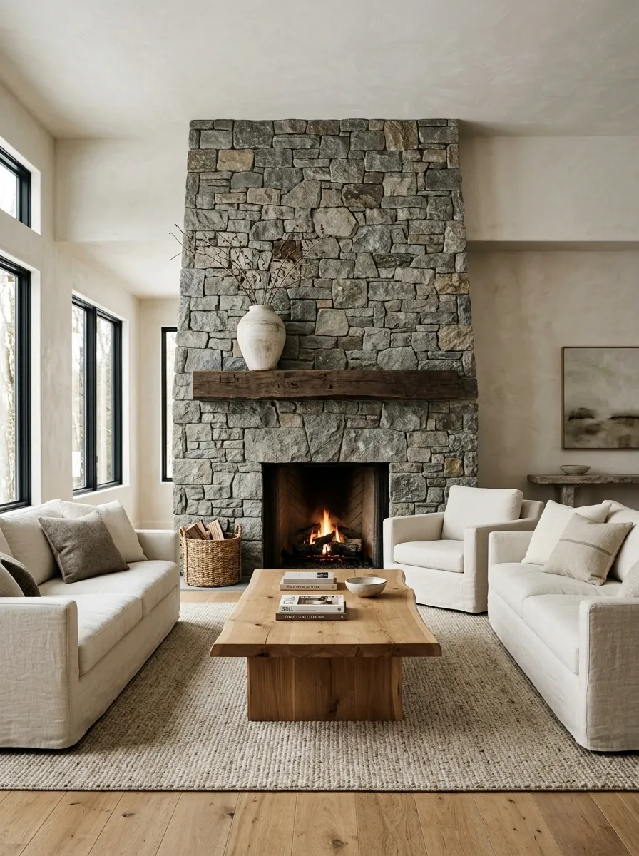 Modern Rustic Living Room With Stone Fireplace and Linen Seating