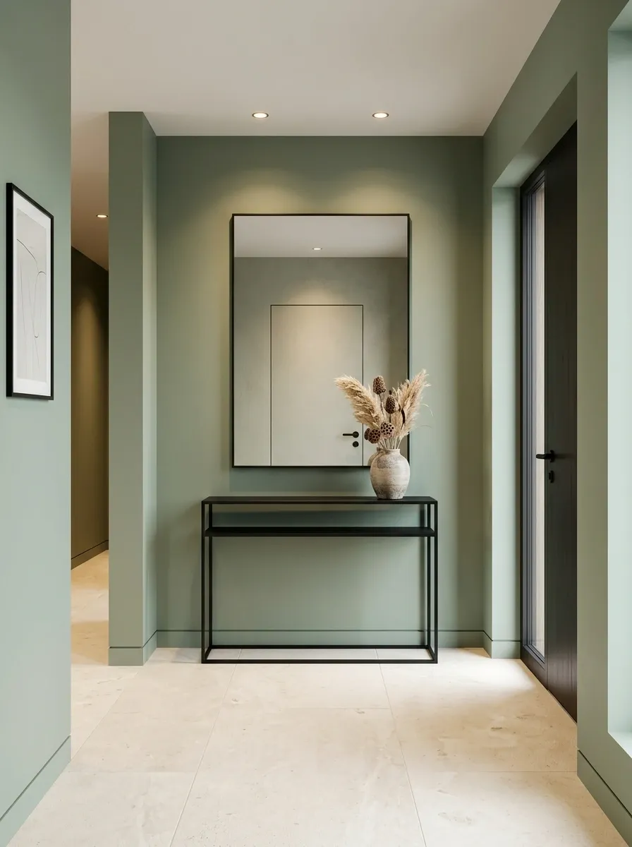 Modern Sage Entry With Black Steel and Pale Stone