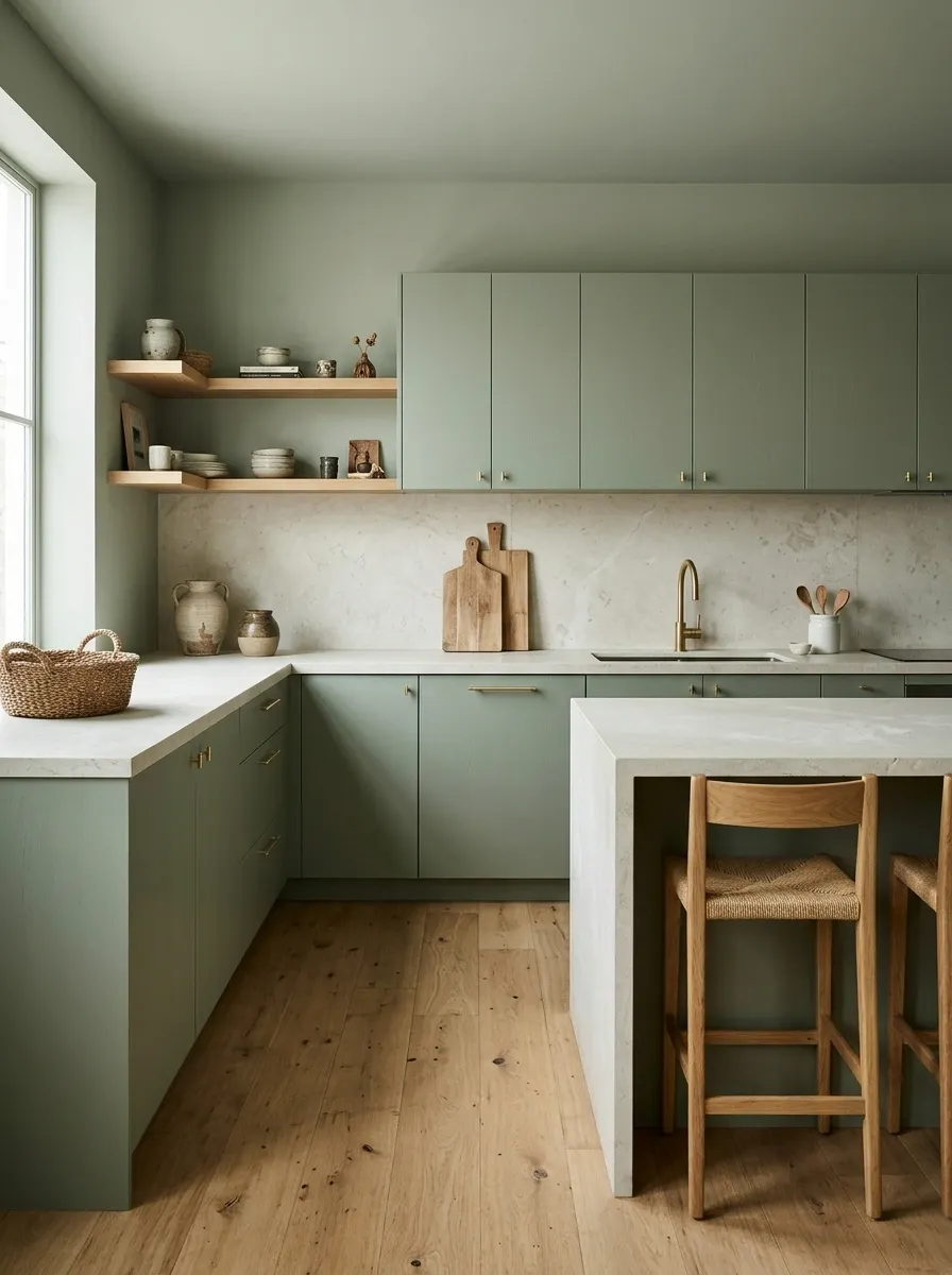 Modern Sage Kitchen With Matching Walls and Natural Stone