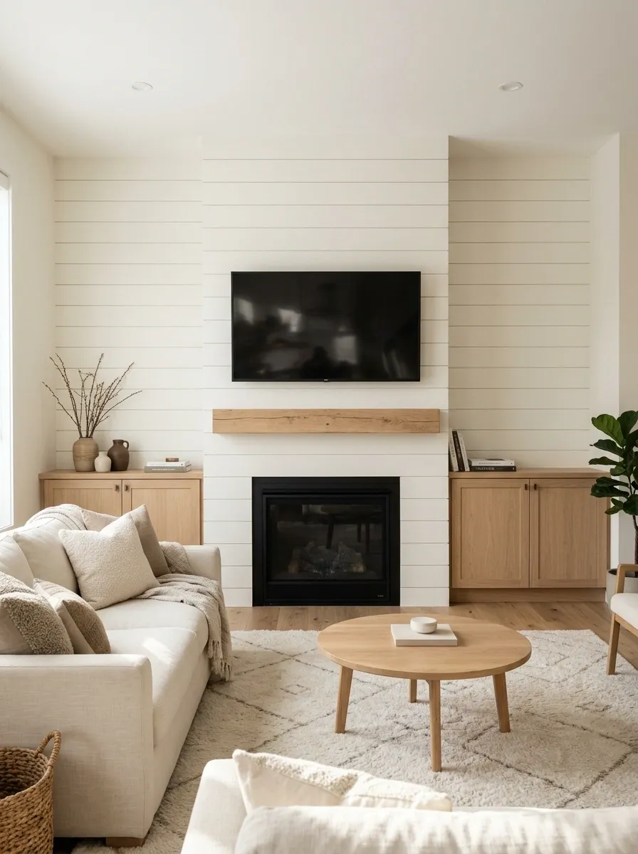 Modern Shiplap Fireplace With a Television Above