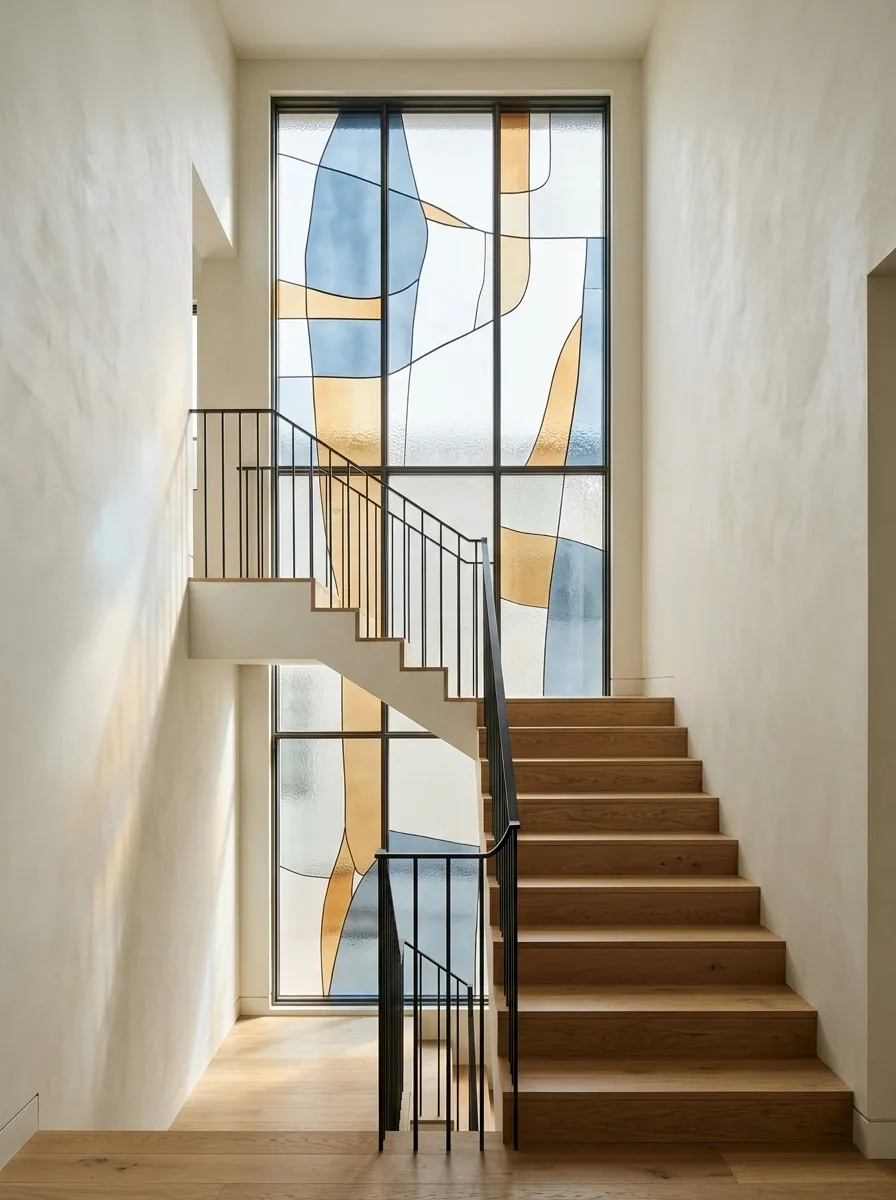 Modern Stairwell With Oversized Abstract Stained Glass