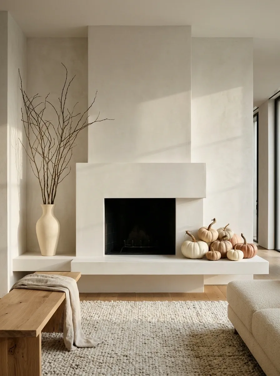 Modern Thanksgiving Fireplace With Sculptural Pumpkins