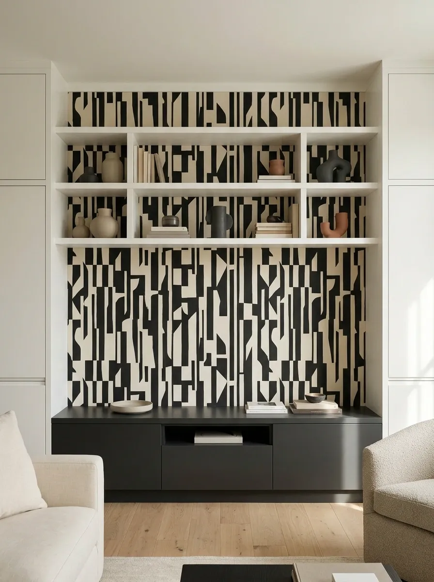 Modern White Shelves With Graphic Black-and-Cream Wallpaper