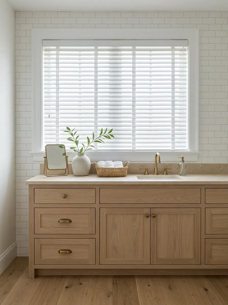 Moisture-Conscious Faux-Wood Blinds in a Family Bathroom
