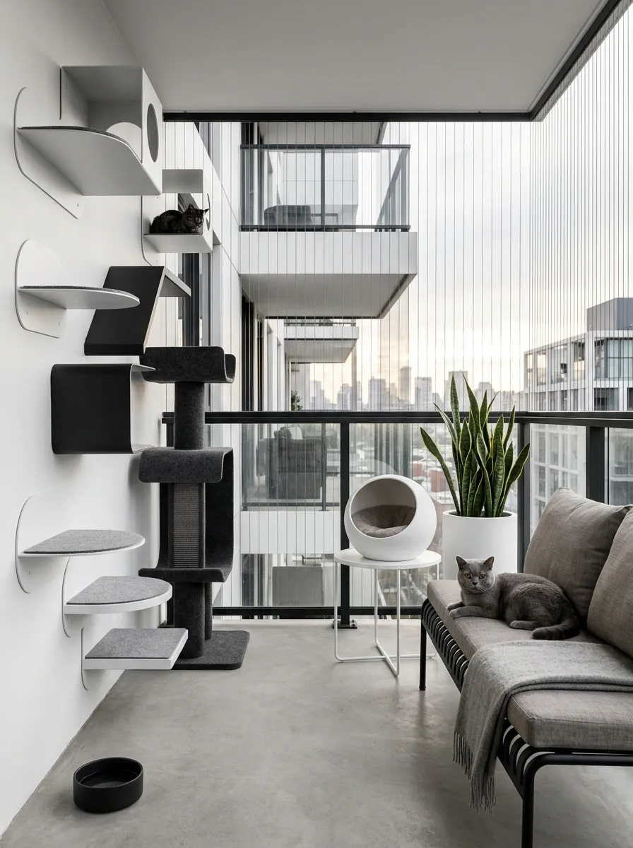 Monochrome Balcony With Sculptural Cat Furniture