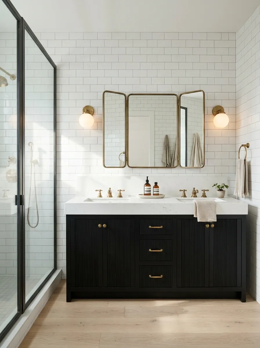Monochrome Bathroom With Fluted Cabinetry and a Vintage Triptych Mirror