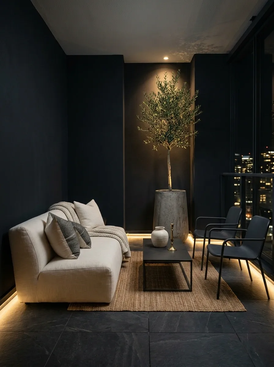 Monochrome Charcoal Patio With Cream Textiles and Architectural Lighting