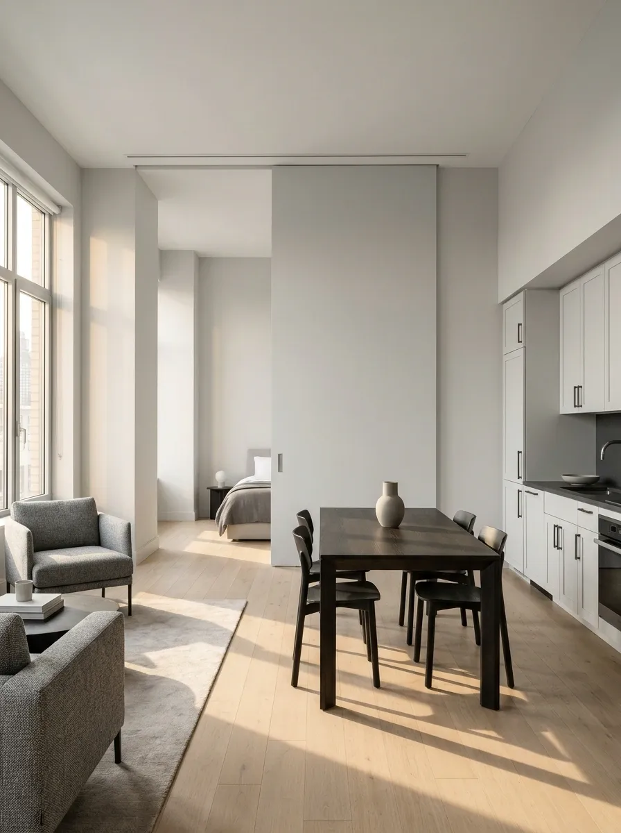 Monochrome Studio With a Sliding Bedroom Screen