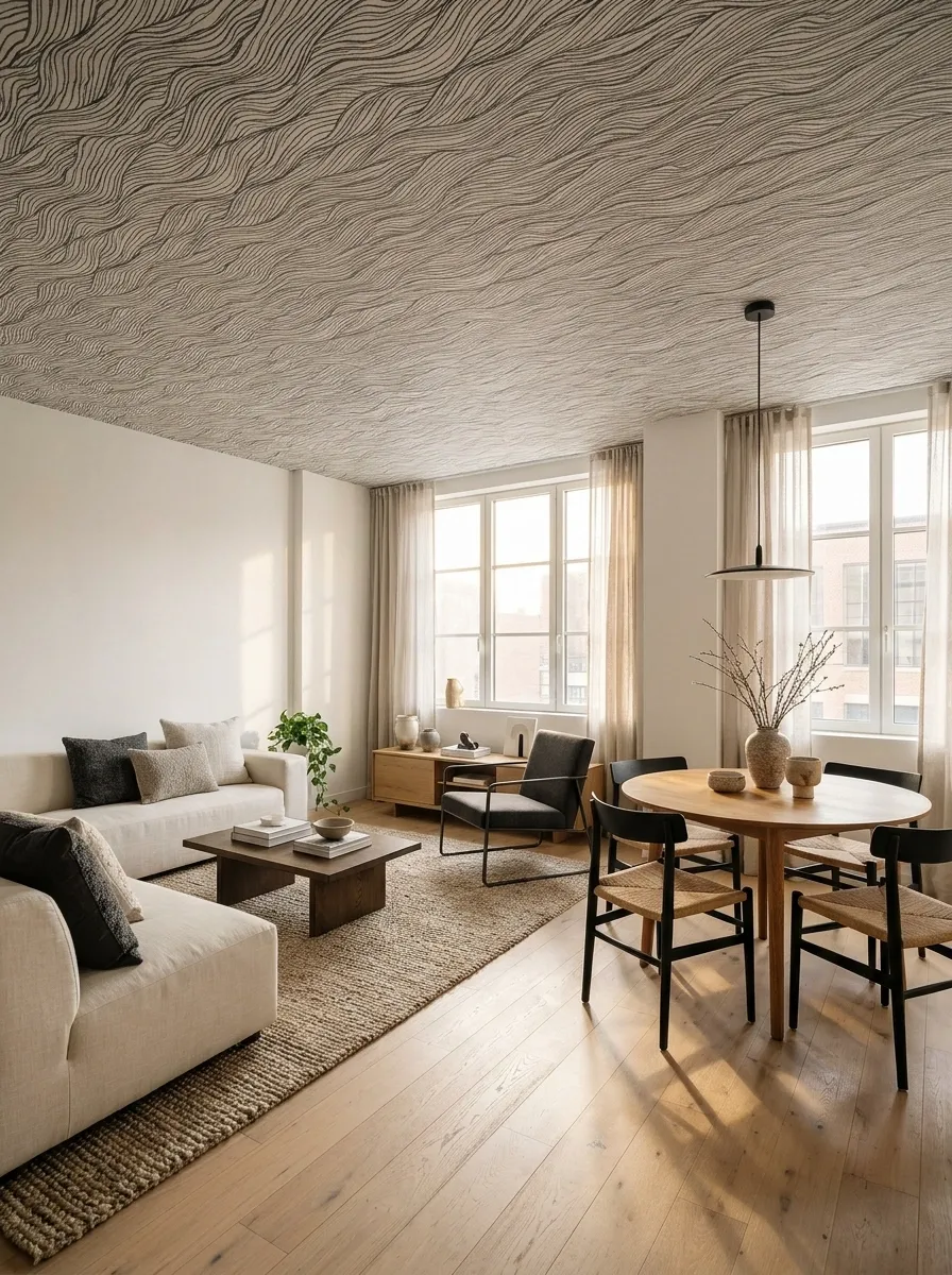 Monochrome Wave Ceiling in a Compact Modern Apartment
