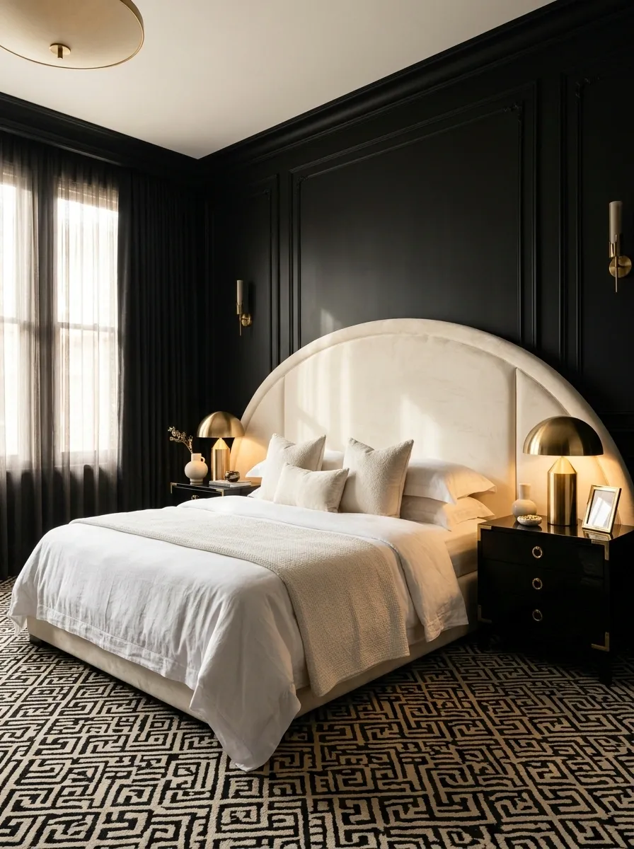 Moody Art Deco Bedroom With Black Walls and Ivory Upholstery