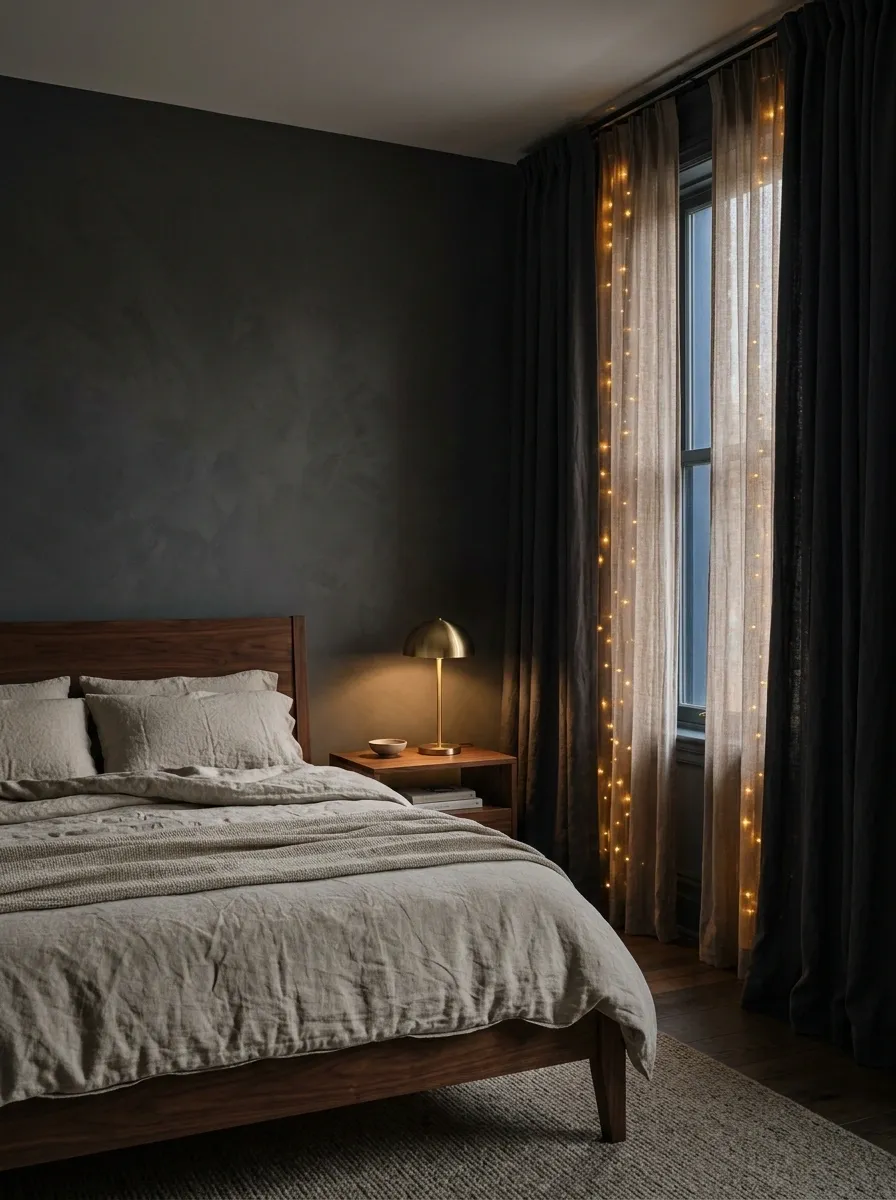 Moody Bedroom With Amber Curtain Lights