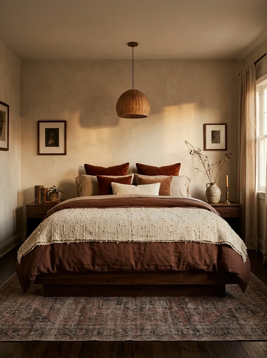 Moody Bohemian Bedding With Rust, Umber, and Woven Textiles