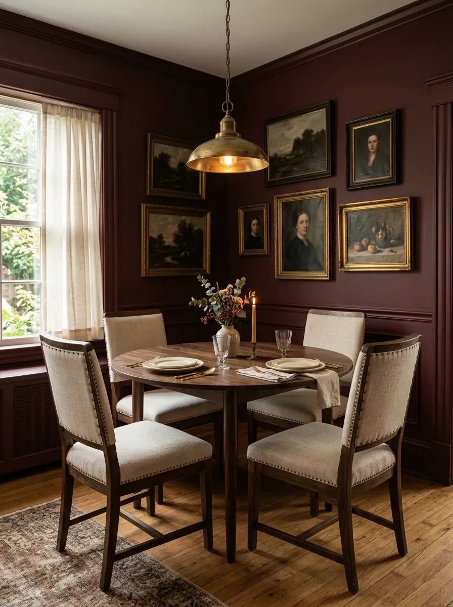 Moody Burgundy Dining Nook With Vintage-Inspired Furniture
