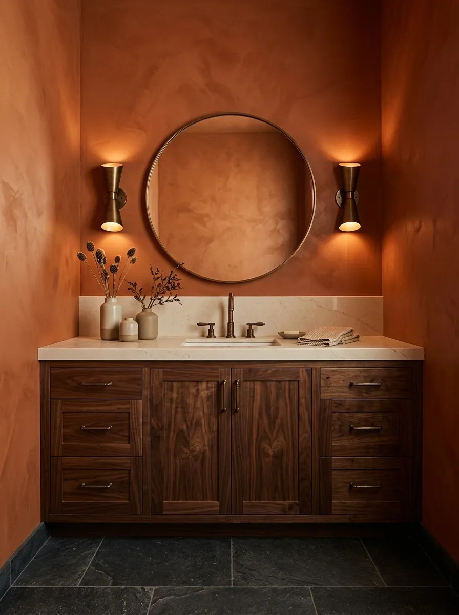 Moody Canyon Bathroom With Dark Wood and Burnt Orange