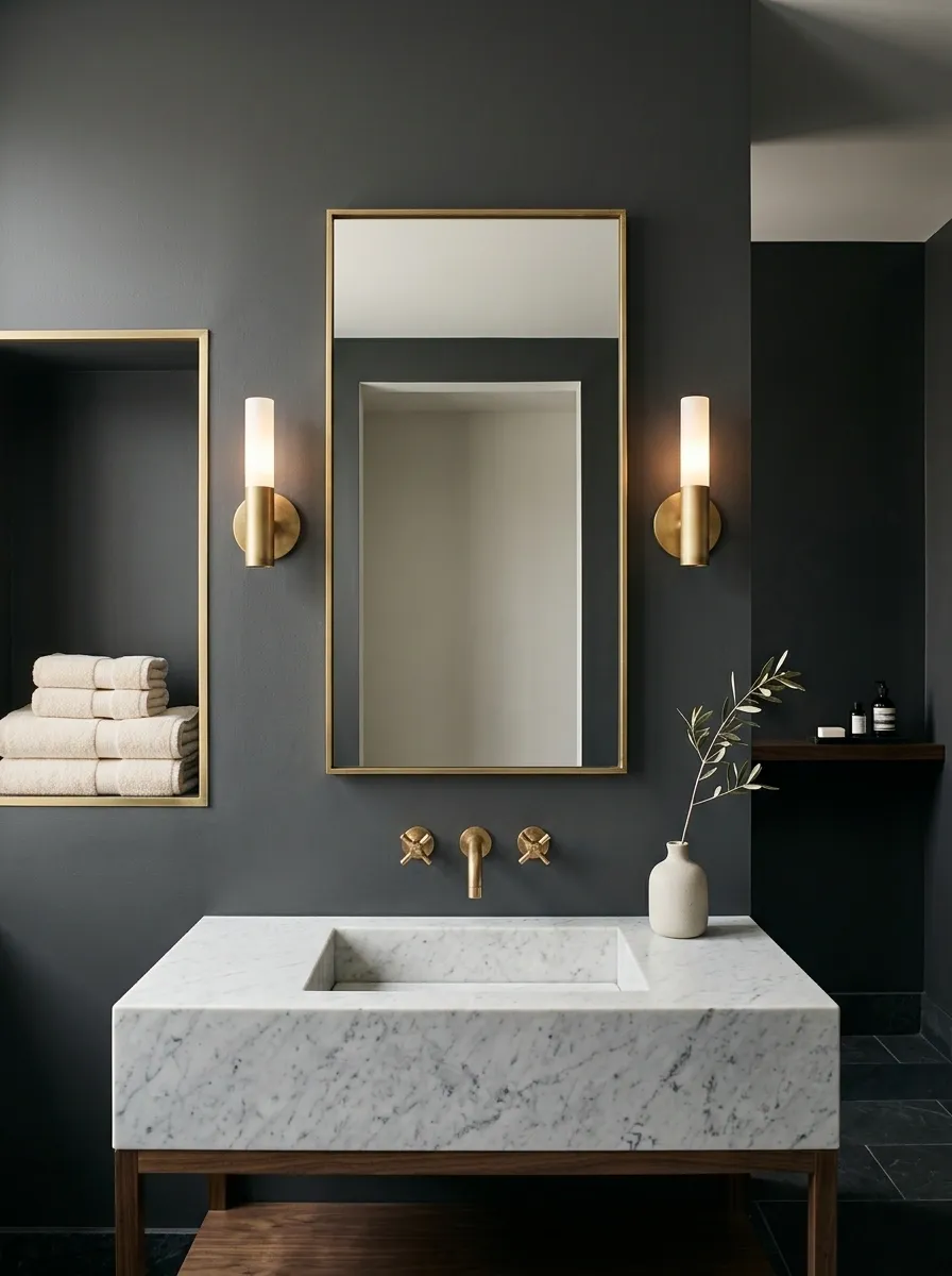 Moody Charcoal Bathroom With a Brass-Trimmed Towel Niche