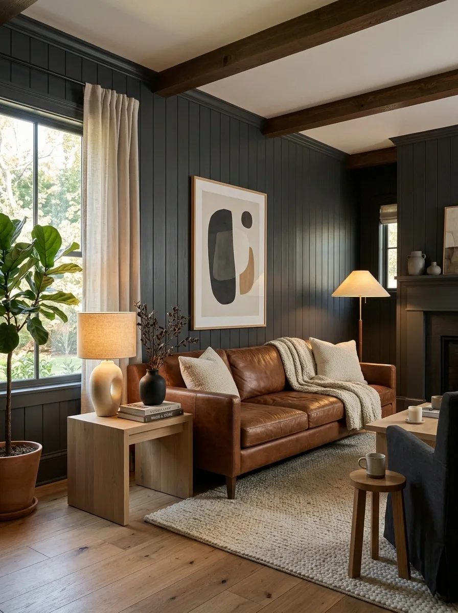 Moody Charcoal Beadboard With Cognac Leather and Warm Lighting