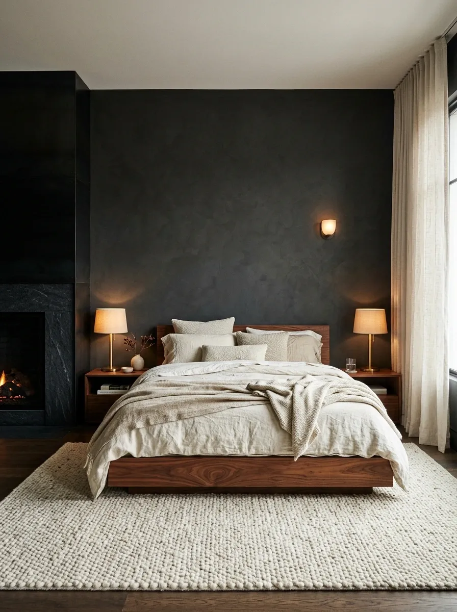 Moody Charcoal Bedroom With a Black Fireplace and Walnut Furniture