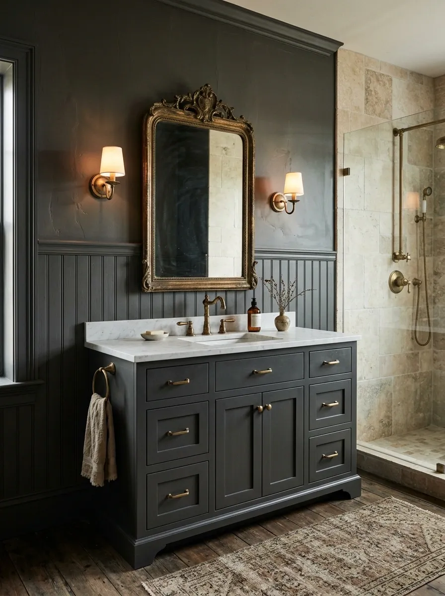 Moody Charcoal Farmhouse Bathroom With Aged Brass
