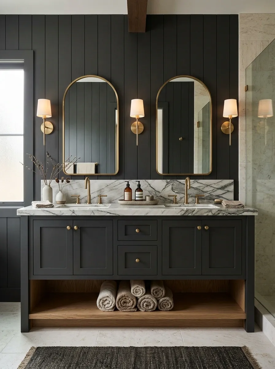 Moody Charcoal Farmhouse Bathroom With Smoked Oak and Warm Brass