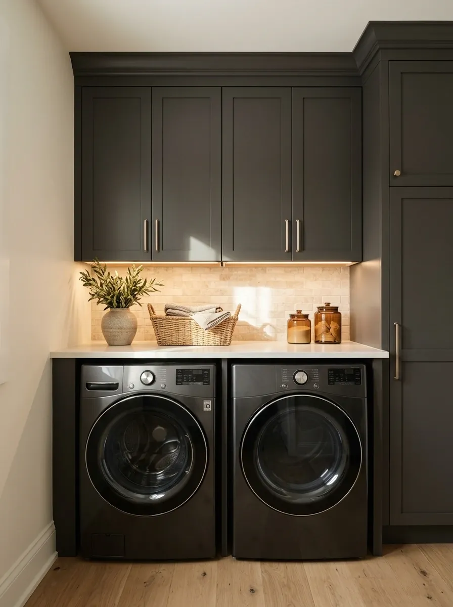 Moody Charcoal Laundry Room With Warm Task Lighting
