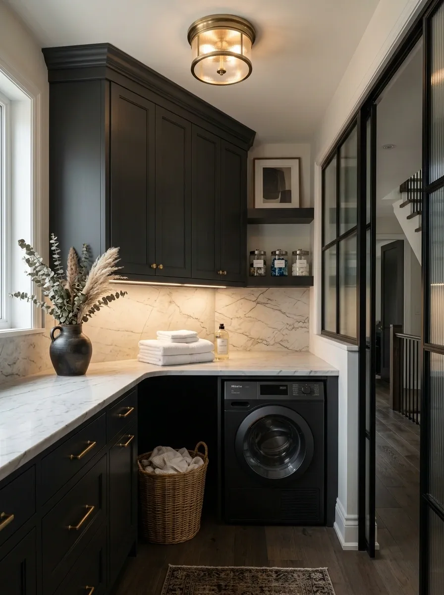 Moody Charcoal Laundry Room With White Stone and Brass