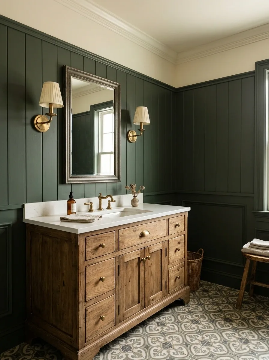 Moody Country Bathroom With Forest Green Paneling