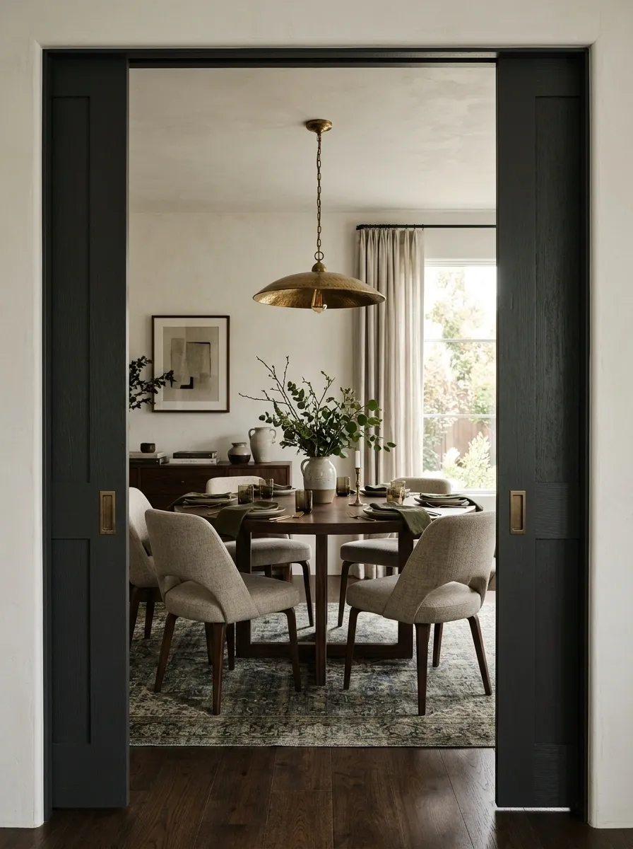 Moody Dining Room Framed by Dark Pocket Doors