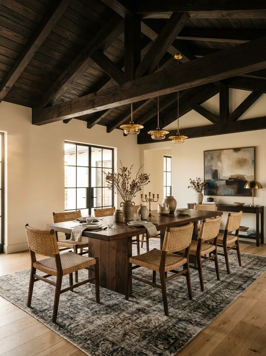 Moody Dining Room With a Dark Wood Ceiling and Light Walls