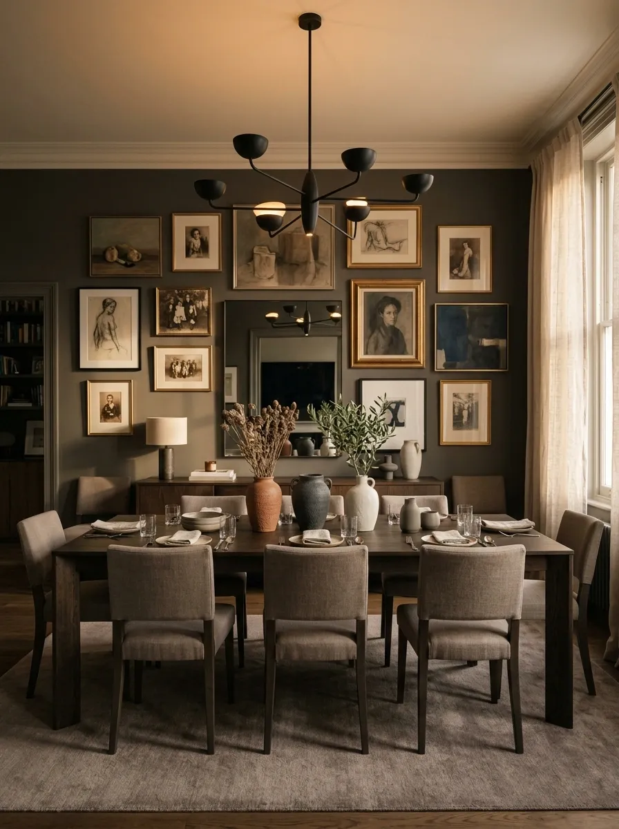 Moody Dining Room With a Gallery-Like Artwork Wall