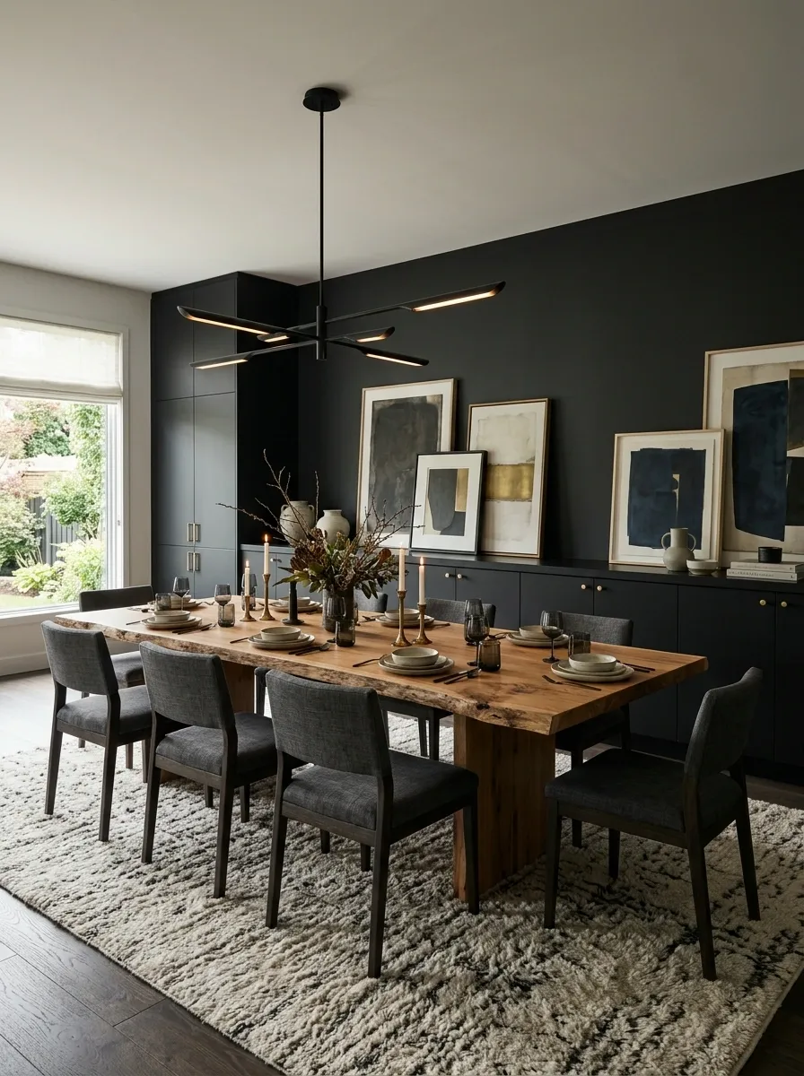 Moody Dining Room With a Long Built-In Sideboard Wall