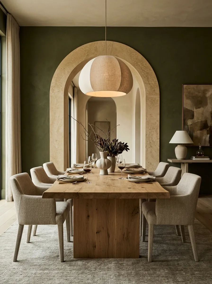Moody Dining Room With an Arched Doorway and Warm Limestone