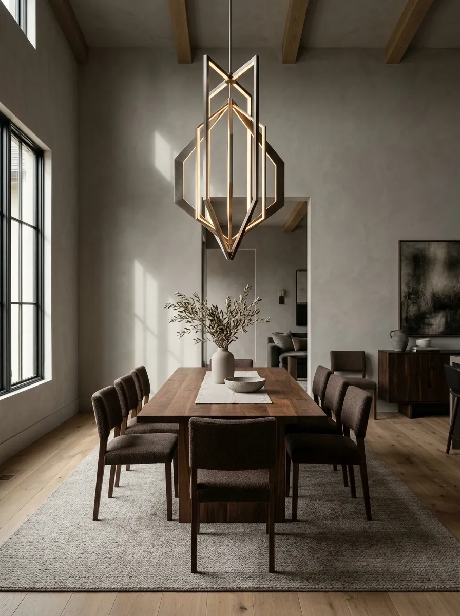 Moody Dining Room With an Oversized Pendant and Quiet Walls