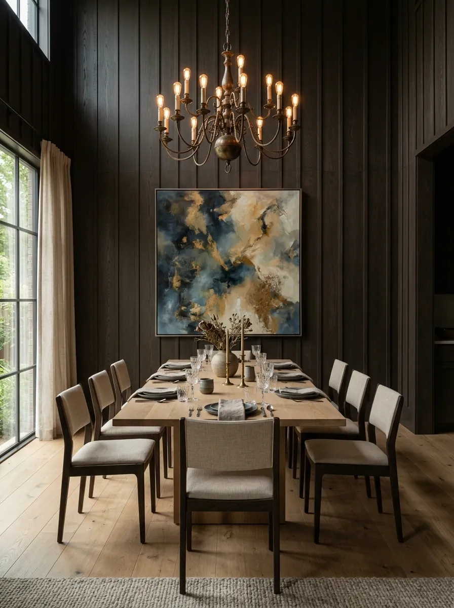Moody Dining Room With Built-In Dark Paneling