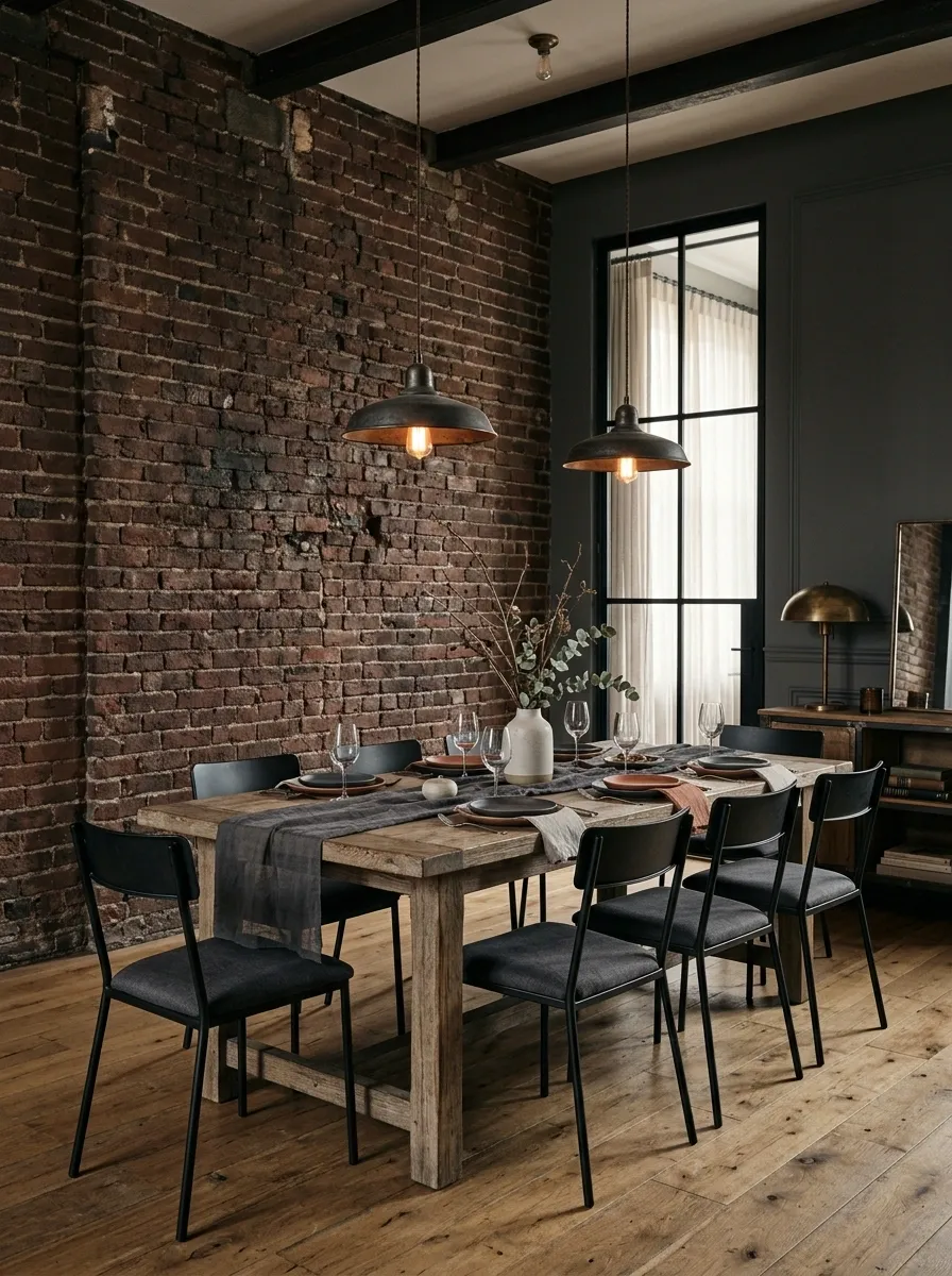 Moody Dining Room With Dark Brick and Weathered Wood