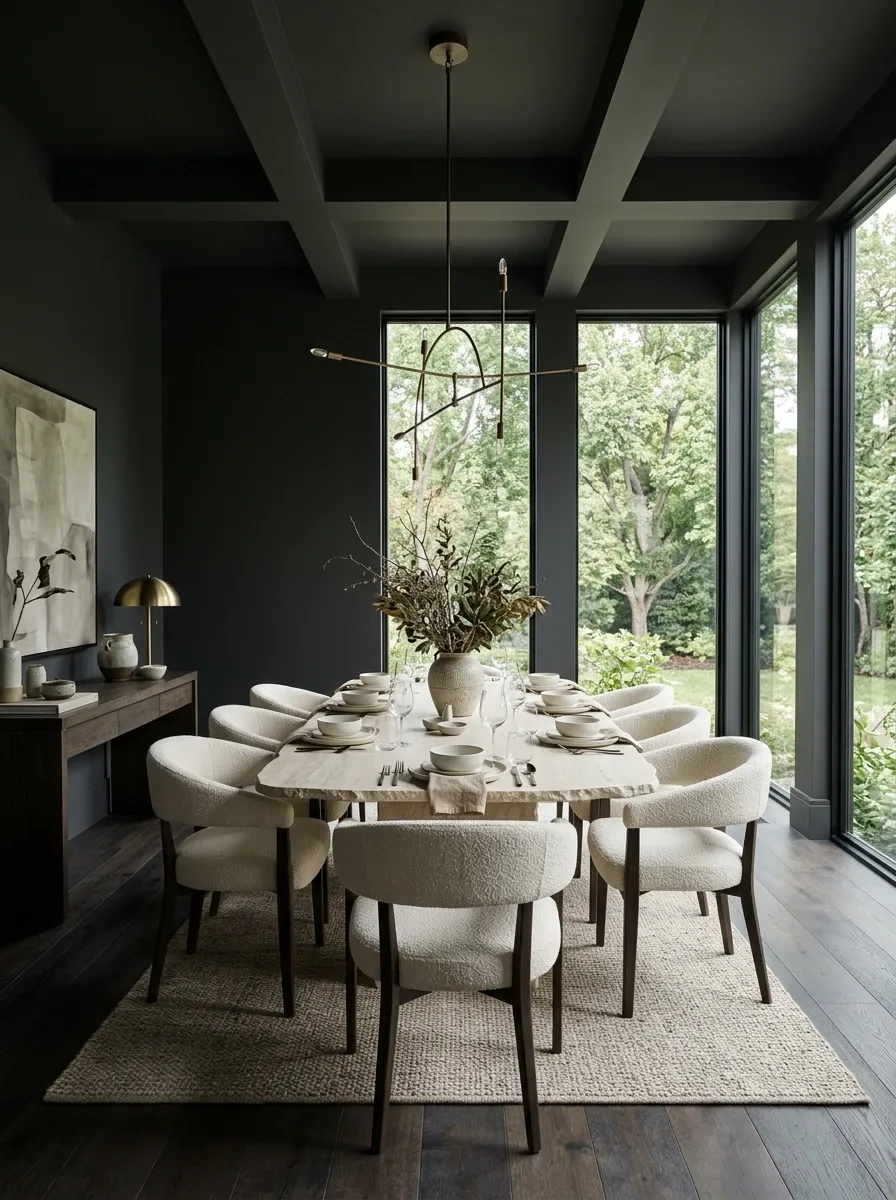 Moody Dining Room With Deep Charcoal Walls and Pale Stone