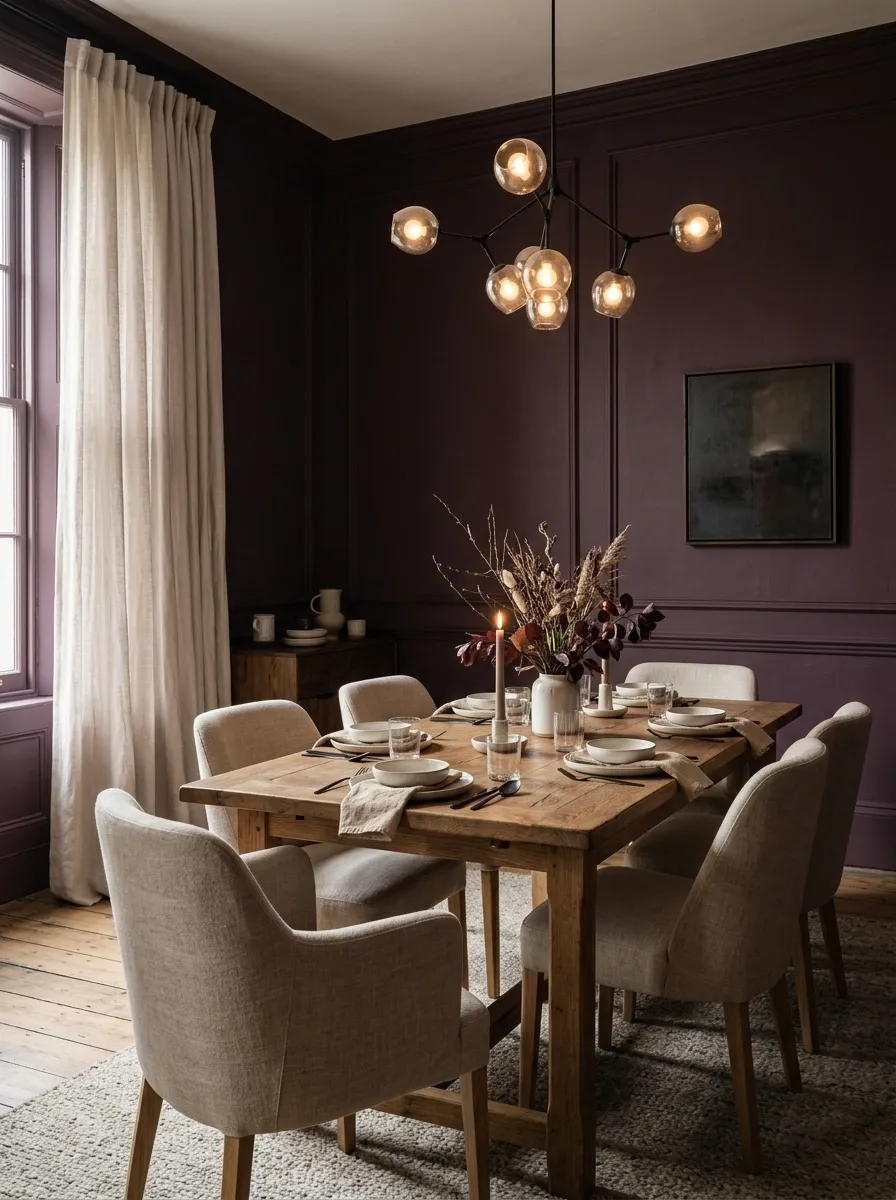 Moody Dining Room With Deep Plum Walls and Soft Linen