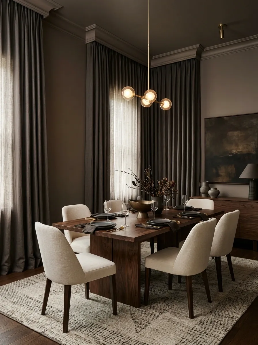 Moody Dining Room With Floor-to-Ceiling Curtains