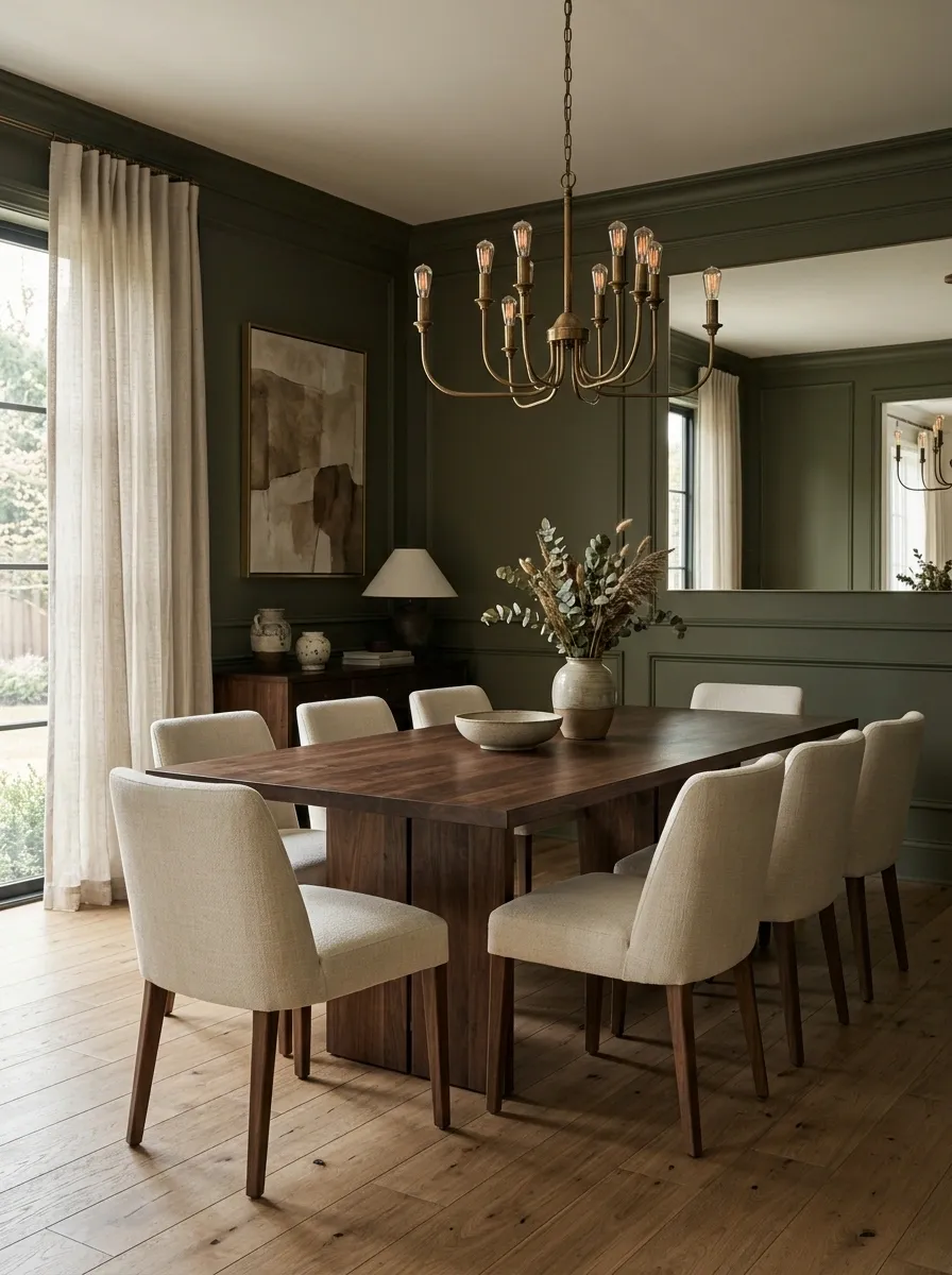 Moody Dining Room With Olive Walls and Antique Brass Lighting